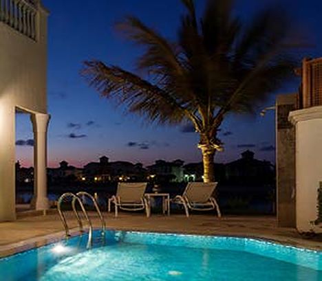 Private pool under palms at night